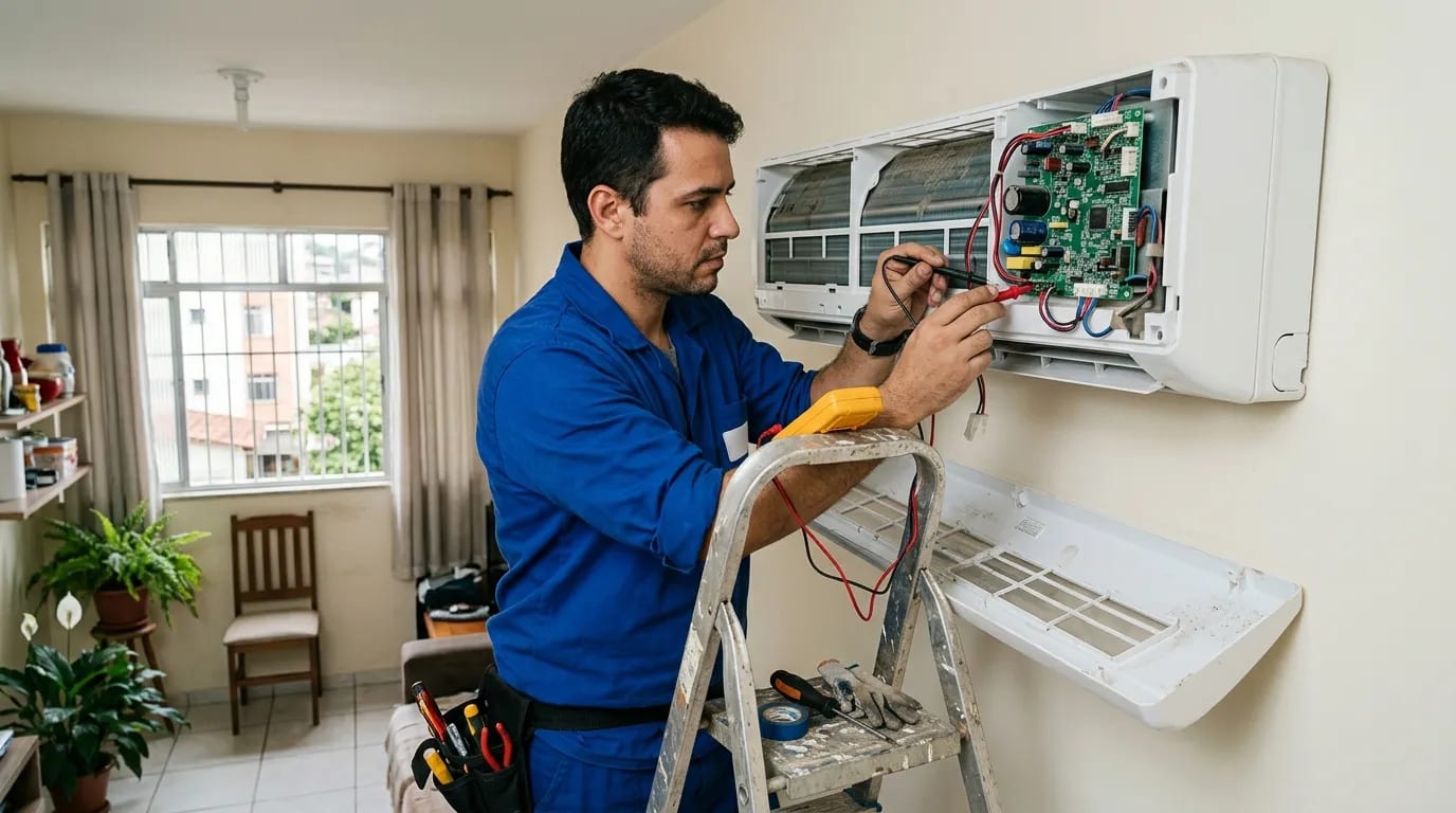 Eletricista ligando a placa do ar-condicionado split em Vila Velha‑ES